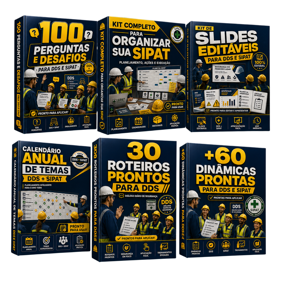 Todos os materiais inclusos no Pacote Completo: 60 Dinâmicas, 30 Roteiros de DDS, Calendário Anual, Kit de Slides, Kit SIPAT e 100 Perguntas e Desafios